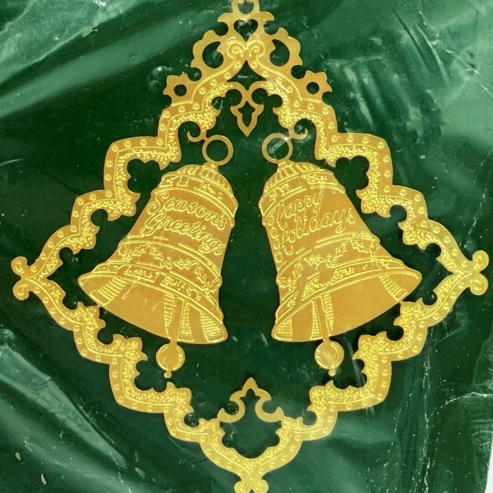VTG Solid Brass Double‎ Bells Christmas Holiday Ornament Filigree Frame USA NOS